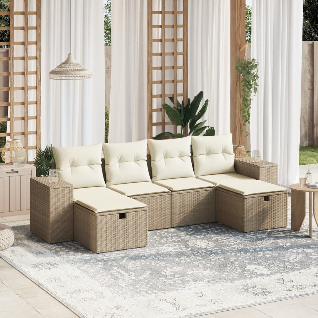 6 Pcs conjunto de sofás p/ jardim com almofadões vime PE bege