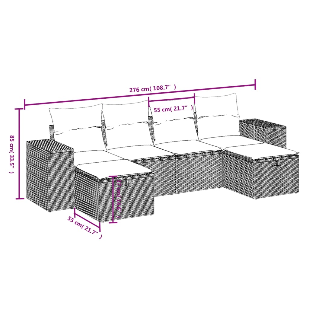 6 Pcs conjunto de sofás p/ jardim com almofadões vime PE bege