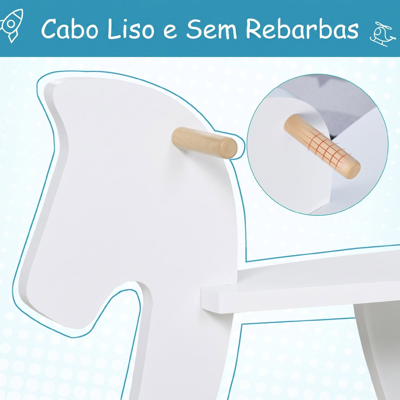 Cavalinho de baloiço para crianças 1-3 anos com base em madeira e encosto de segurança branco