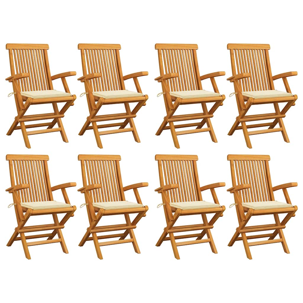 Cadeiras de jardim c/ almofadões creme 8 pcs teca maciça