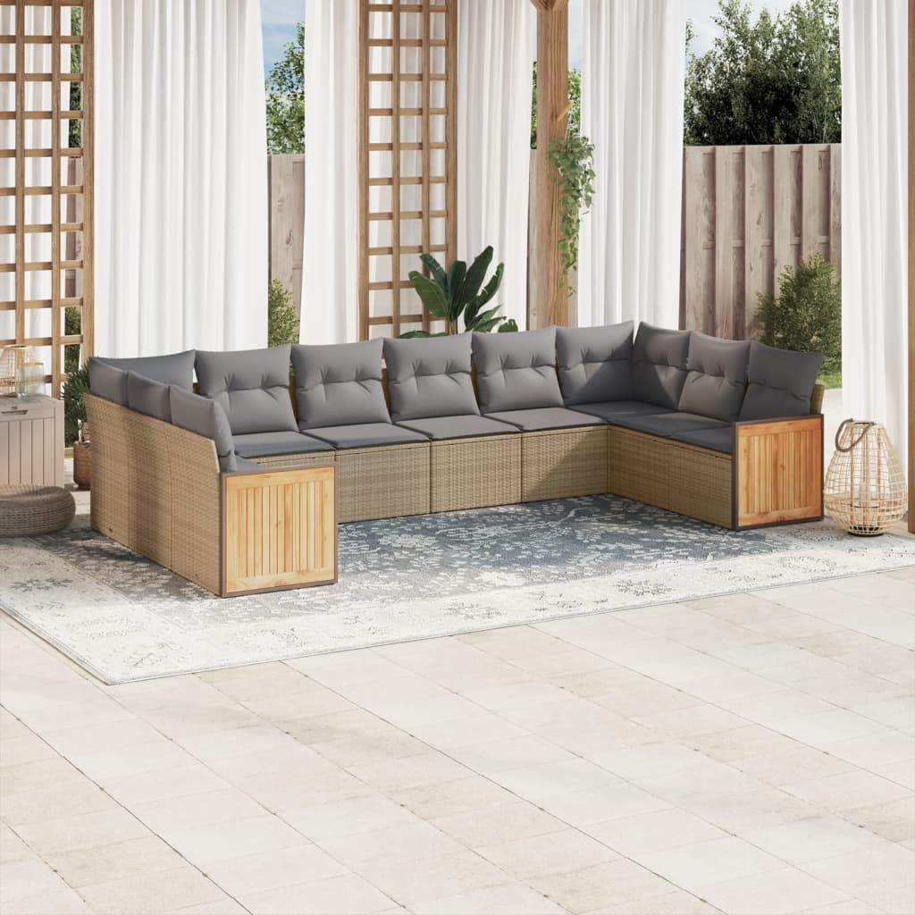 10 Pcs conjunto de sofás p/ jardim com almofadões vime PE bege