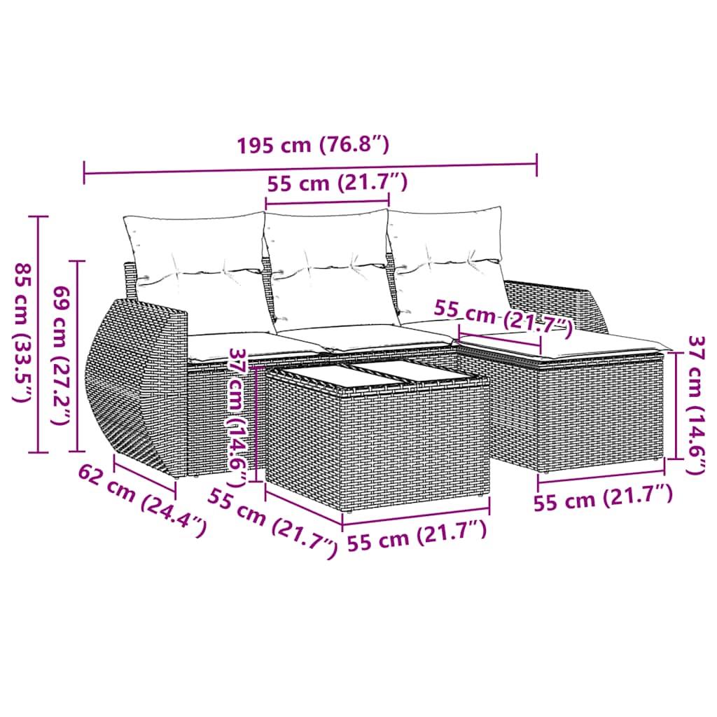 5 Pcs conjunto sofás de jardim com almofadões vime PE preto