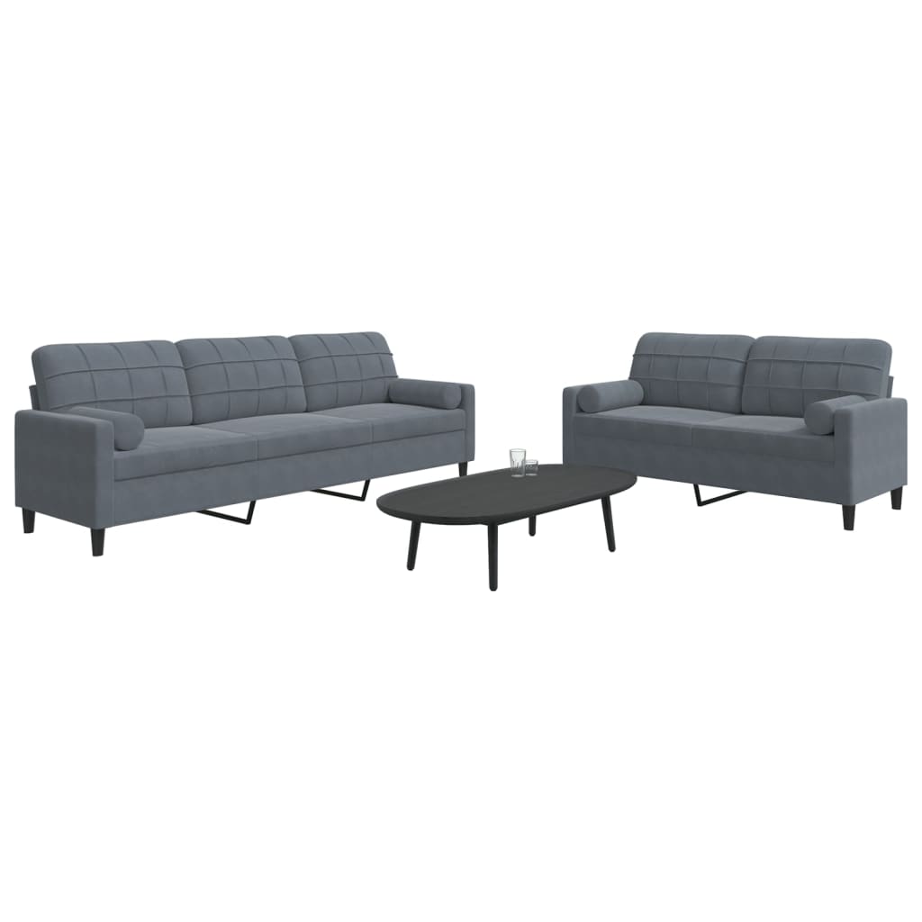 2 Pcs conjunto sofás com almofadões e rolos veludo cinza-escuro