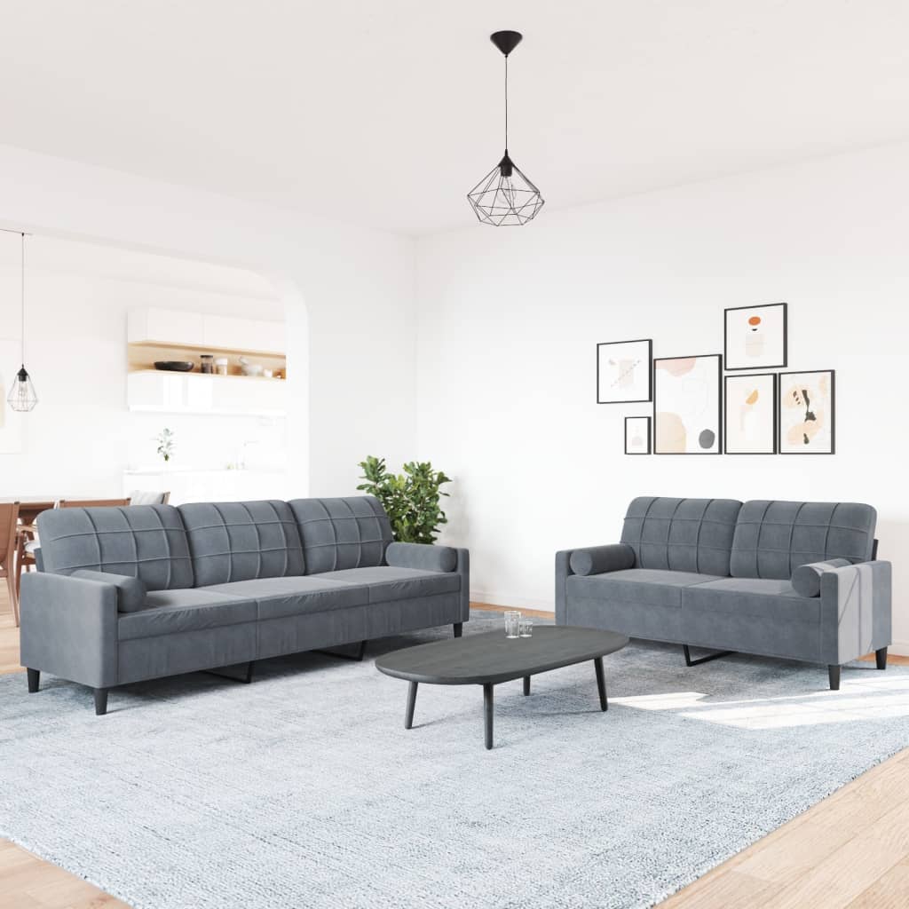2 Pcs conjunto sofás com almofadões e rolos veludo cinza-escuro