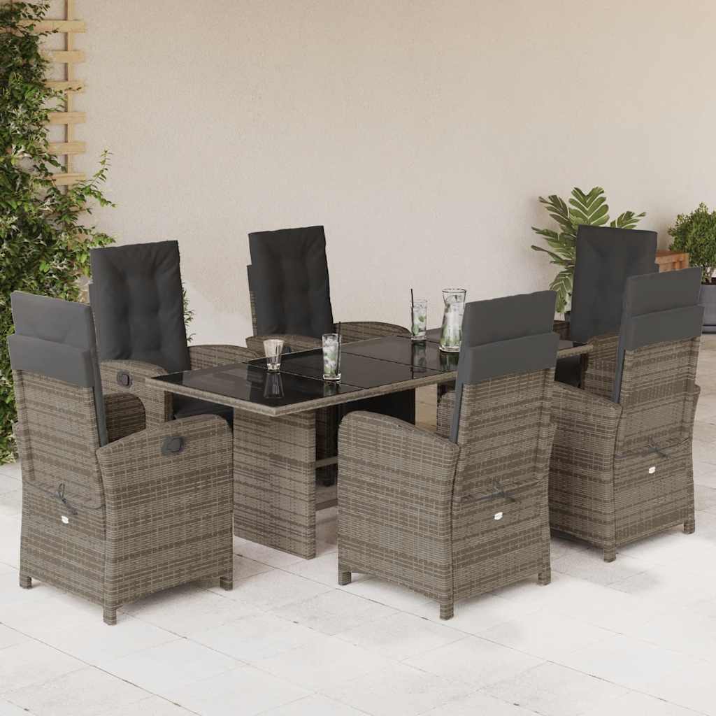 7 Pcs conjunto de jantar p/ jardim c/ almofadões vime PE cinza