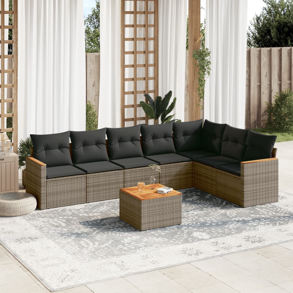 8 Pcs conjunto sofás de jardim c/ almofadões vime PE cinzento