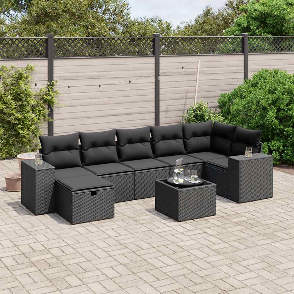 8 Pcs conjunto sofás de jardim com almofadões vime PE preto