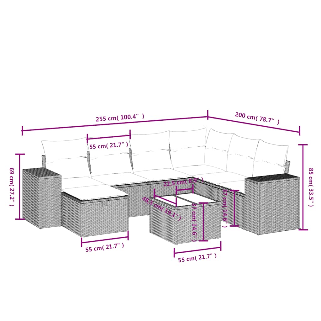 8 Pcs conjunto sofás de jardim com almofadões vime PE preto