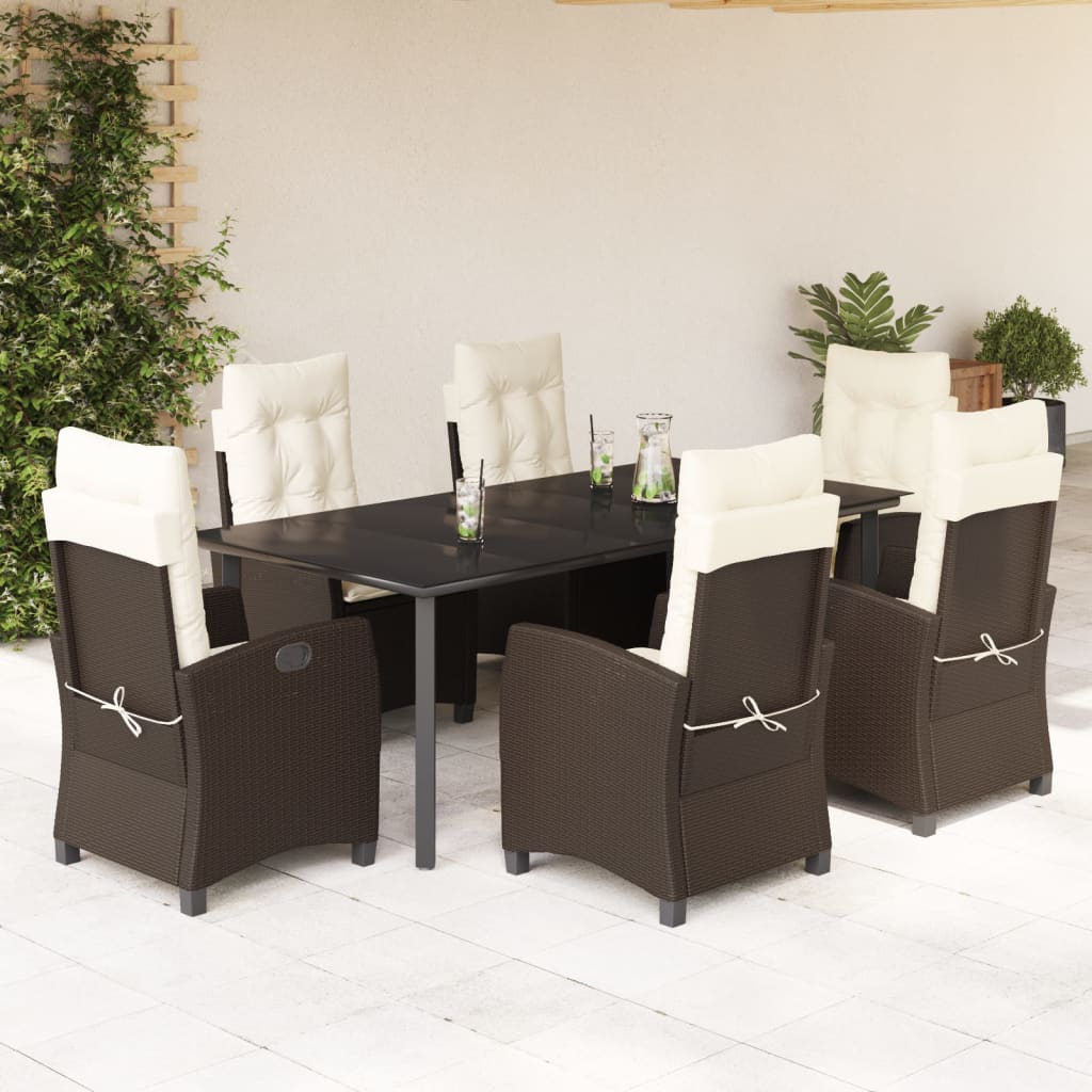 7 Pcs conjunto jantar p/ jardim c/ almofadões vime PE castanho