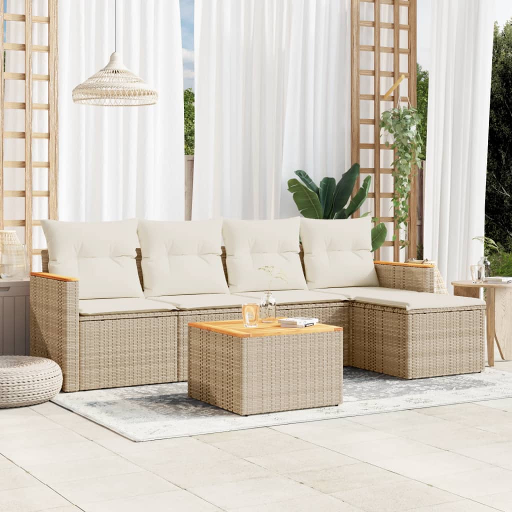 6 Pcs conjunto de sofás p/ jardim com almofadões vime PE bege