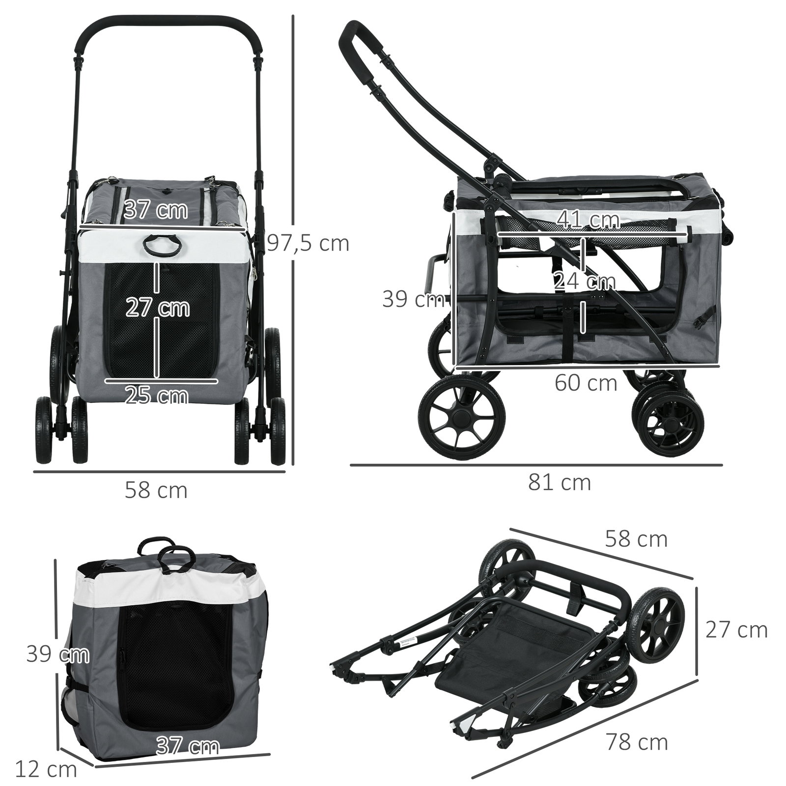 Carrinho para animais de estimação carrinho para cães dobrável com compartimento desmontável 4 portas 81x58x97,5 cm cinza