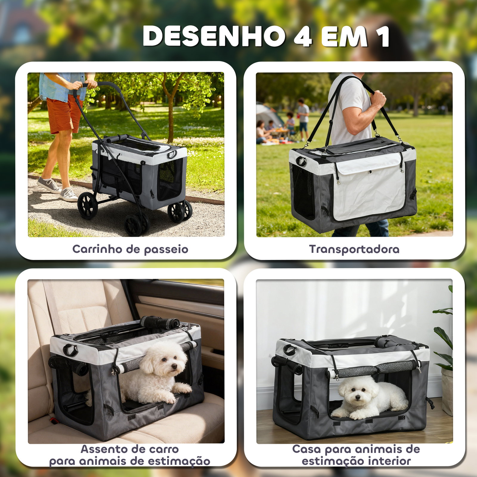 Carrinho para animais de estimação carrinho para cães dobrável com compartimento desmontável 4 portas 81x58x97,5 cm cinza