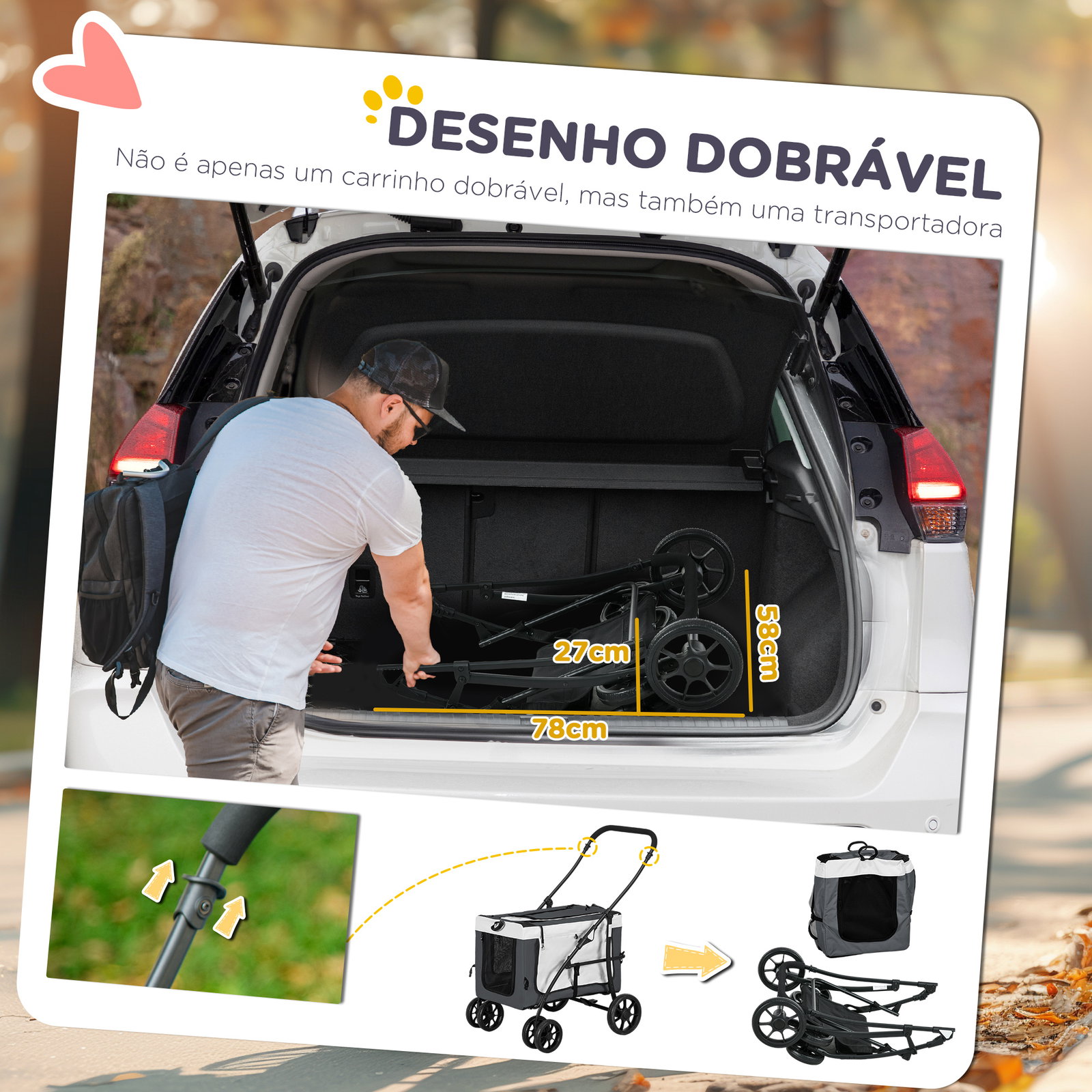 Carrinho para animais de estimação carrinho para cães dobrável com compartimento desmontável 4 portas 81x58x97,5 cm cinza