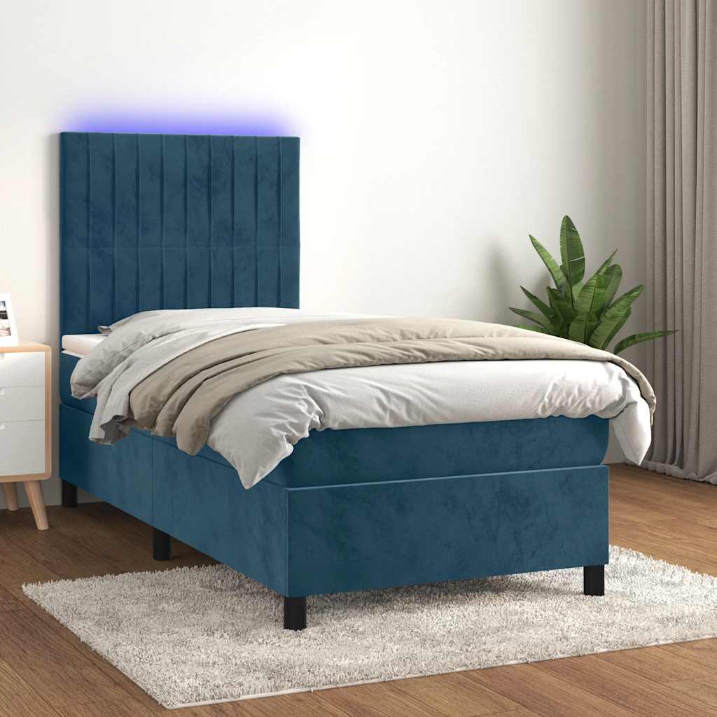 Cama box spring c/ colchão/LED 100x200 cm veludo azul-escuro