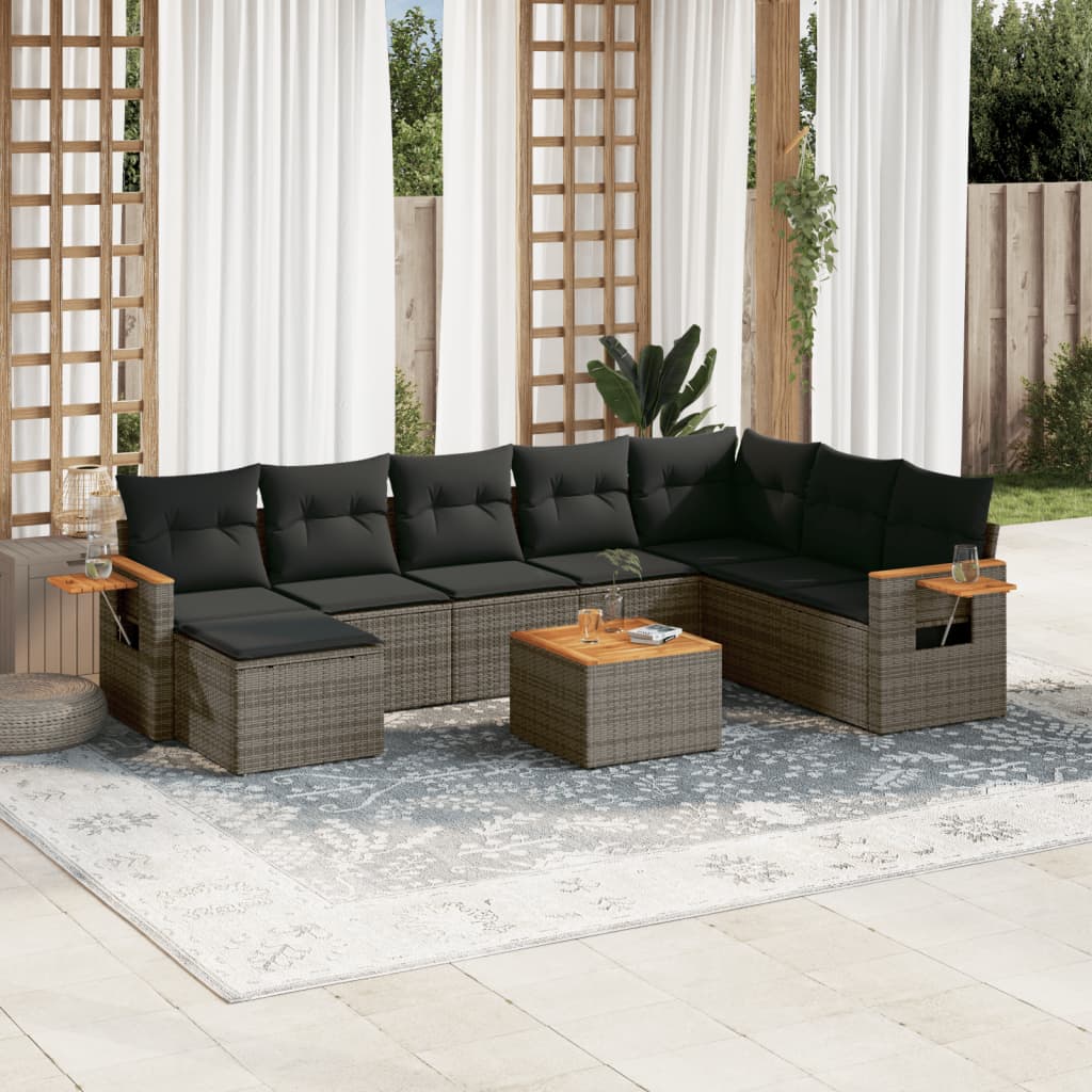 9 Pcs conjunto sofás p/ jardim com almofadões vime PE cinzento