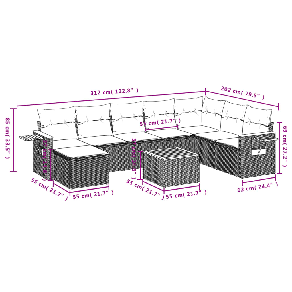 9 Pcs conjunto sofás p/ jardim com almofadões vime PE cinzento
