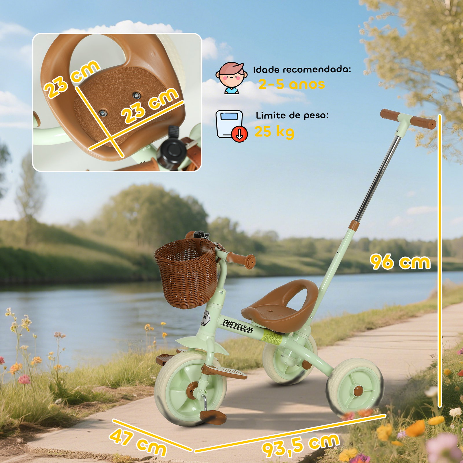 Triciclo para bebés 2 em 1 triciclo evolutivo para crianças com barra parental ajustável apoio para pés rebatível e cesto 93,5x47x96 cm verde