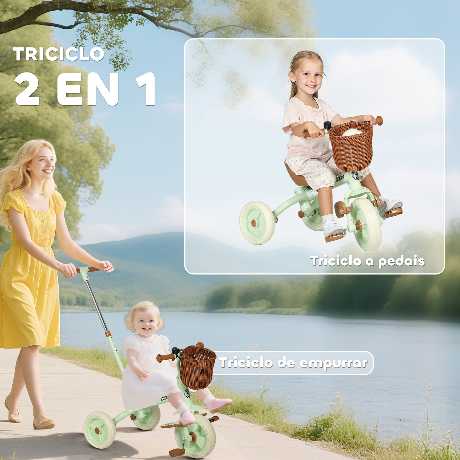 Triciclo para bebés 2 em 1 triciclo evolutivo para crianças com barra parental ajustável apoio para pés rebatível e cesto 93,5x47x96 cm verde