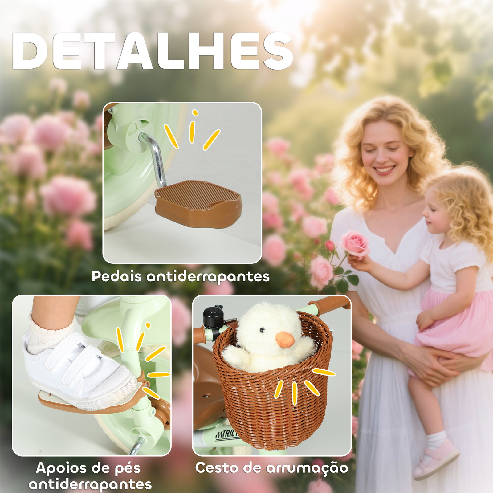 Triciclo para bebés 2 em 1 triciclo evolutivo para crianças com barra parental ajustável apoio para pés rebatível e cesto 93,5x47x96 cm verde