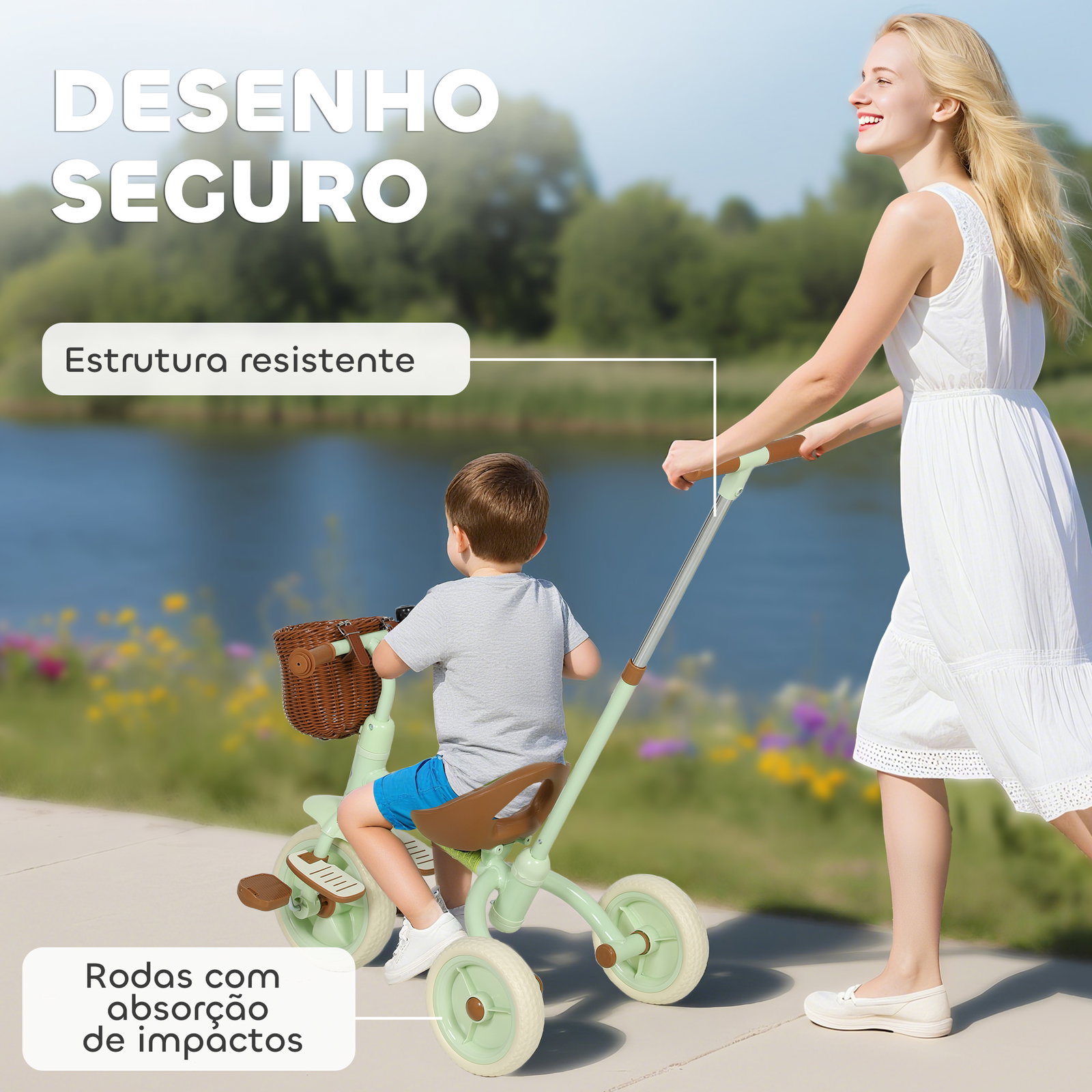 Triciclo para bebés 2 em 1 triciclo evolutivo para crianças com barra parental ajustável apoio para pés rebatível e cesto 93,5x47x96 cm verde