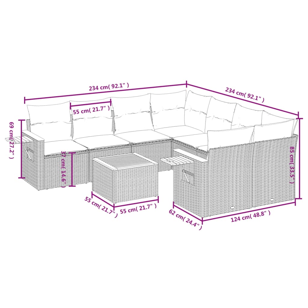 9 Pcs conjunto de sofás p/ jardim com almofadões vime PE bege