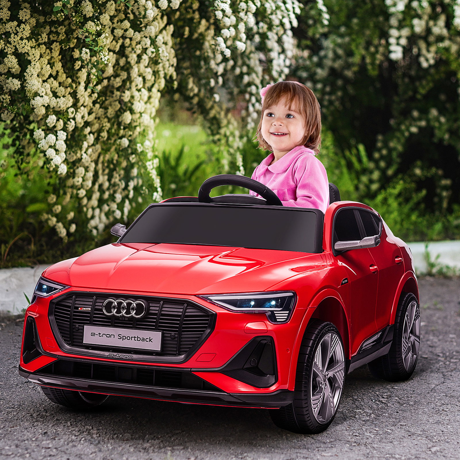 Carro Elétrico Audi E-Tron 12V para Crianças acima de 3 Anos com Controle Remoto Faróis Buzina Música MP3 TF USB e Abertura da P