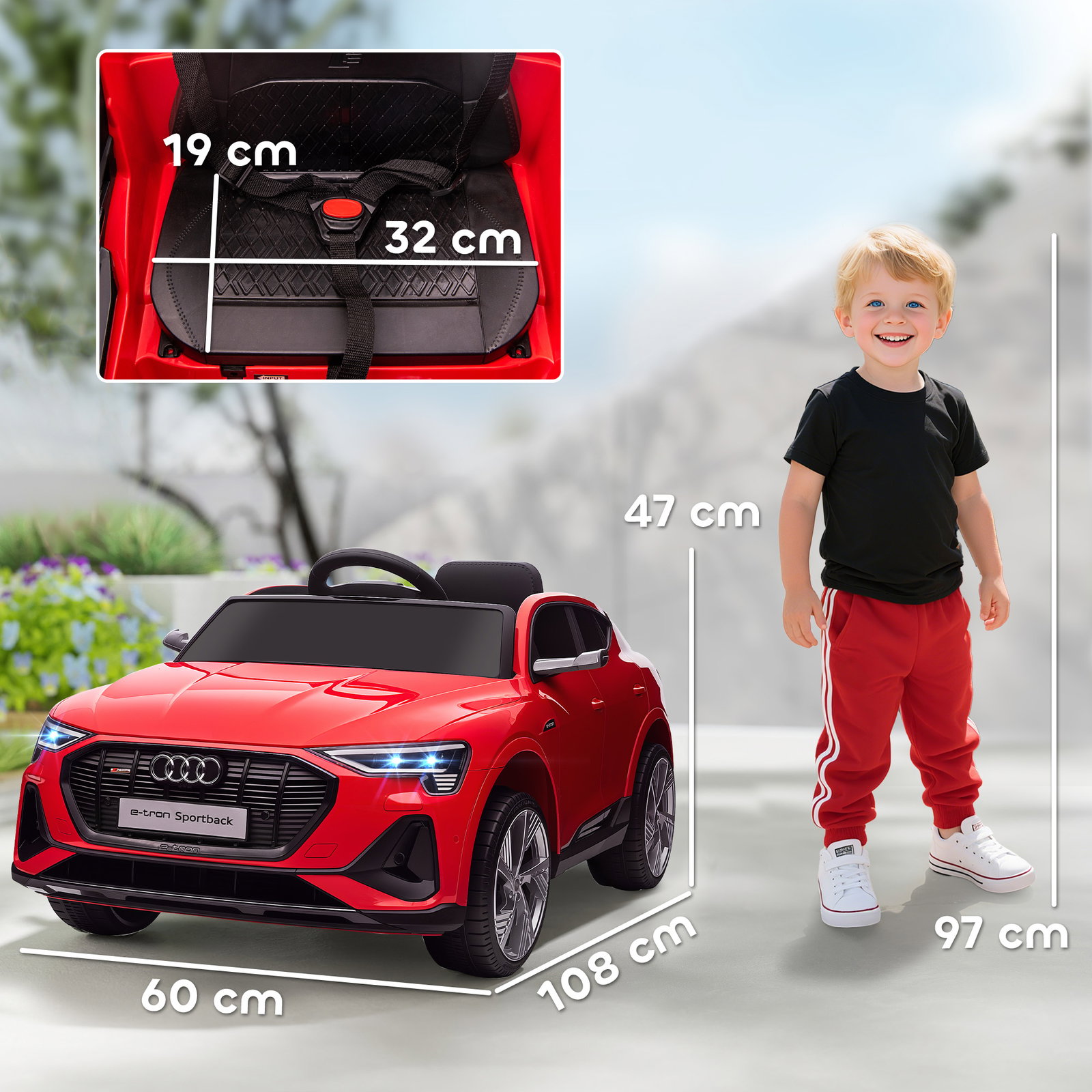 Carro Elétrico Audi E-Tron 12V para Crianças acima de 3 Anos com Controle Remoto Faróis Buzina Música MP3 TF USB e Abertura da P