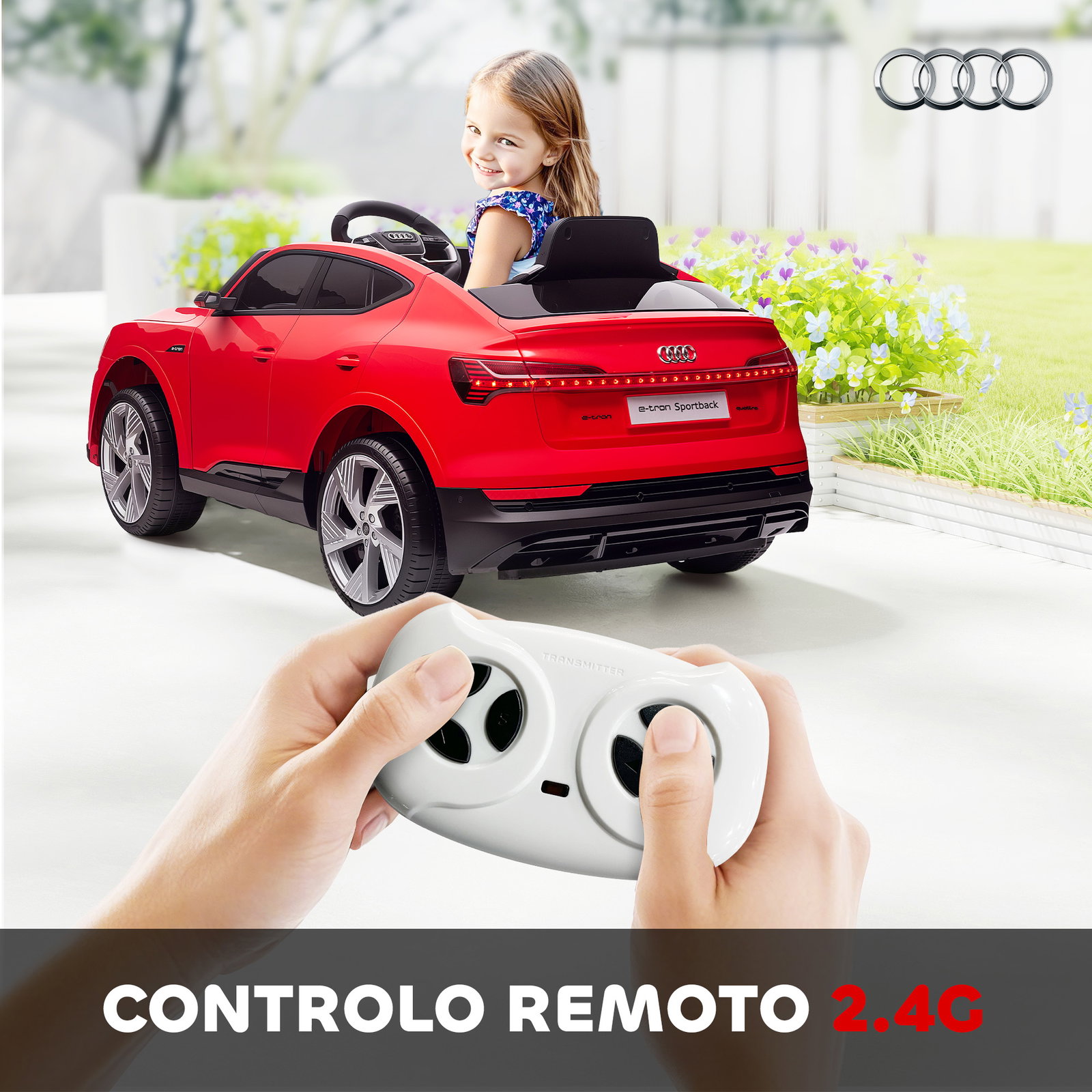 Carro Elétrico Audi E-Tron 12V para Crianças acima de 3 Anos com Controle Remoto Faróis Buzina Música MP3 TF USB e Abertura da P