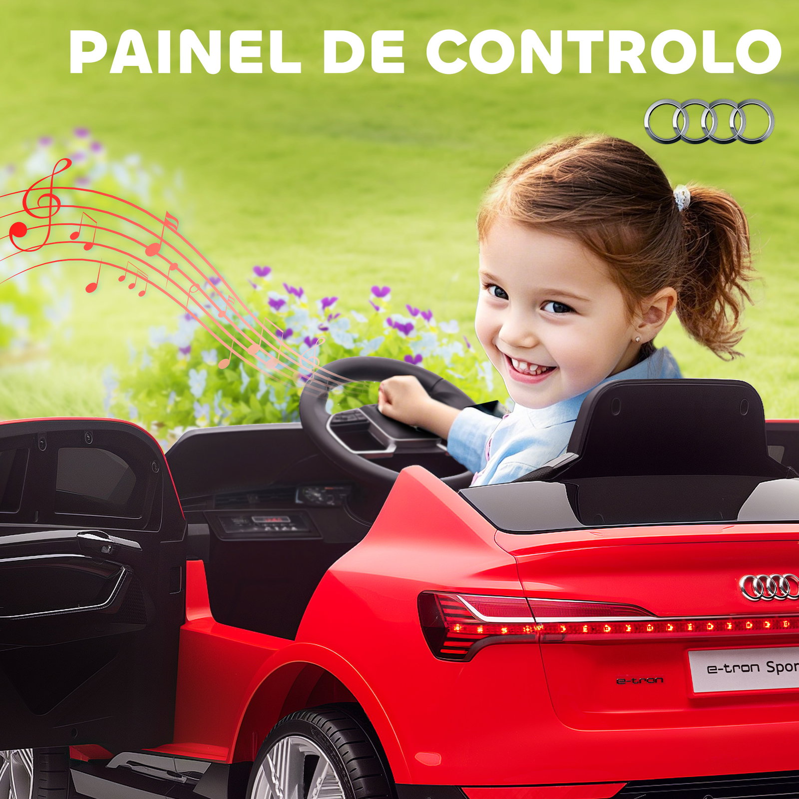 Carro Elétrico Audi E-Tron 12V para Crianças acima de 3 Anos com Controle Remoto Faróis Buzina Música MP3 TF USB e Abertura da P
