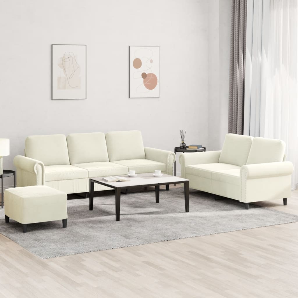 3 Pcs conjunto de sofás com almofadões veludo cor creme