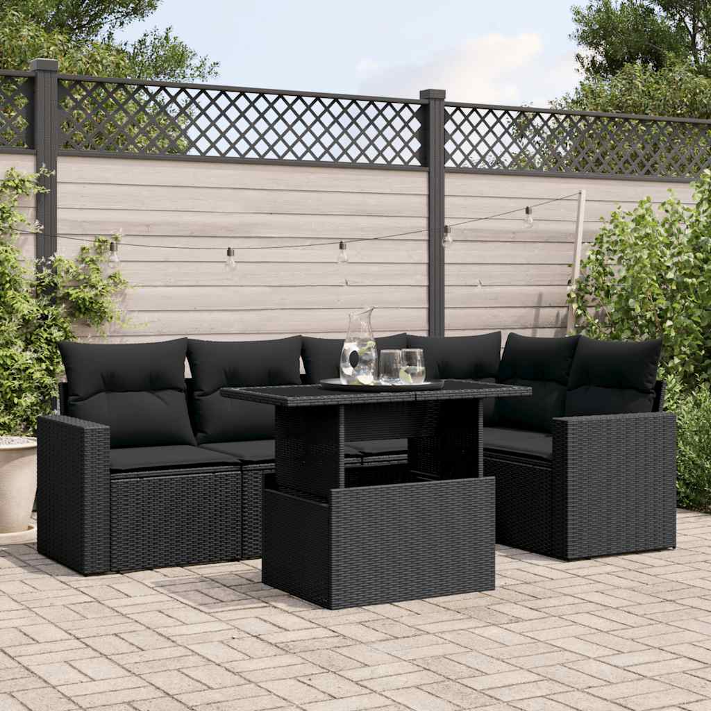 6 Pcs conjunto sofás de jardim c/ almofadões vime PE preto