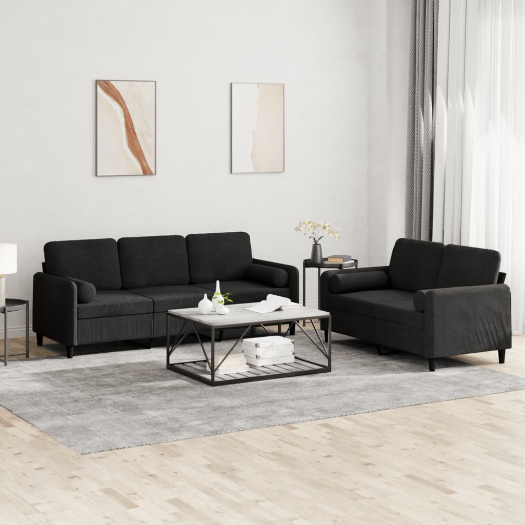 2 Pcs conjunto de sofás com almofadas veludo preto
