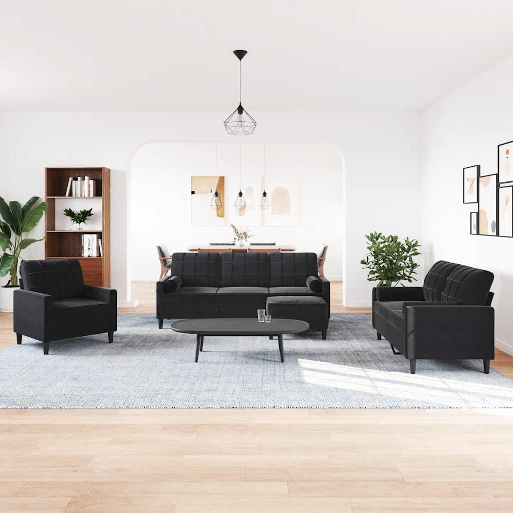 4 Pcs conjunto de sofás com almofadões e rolos veludo preto