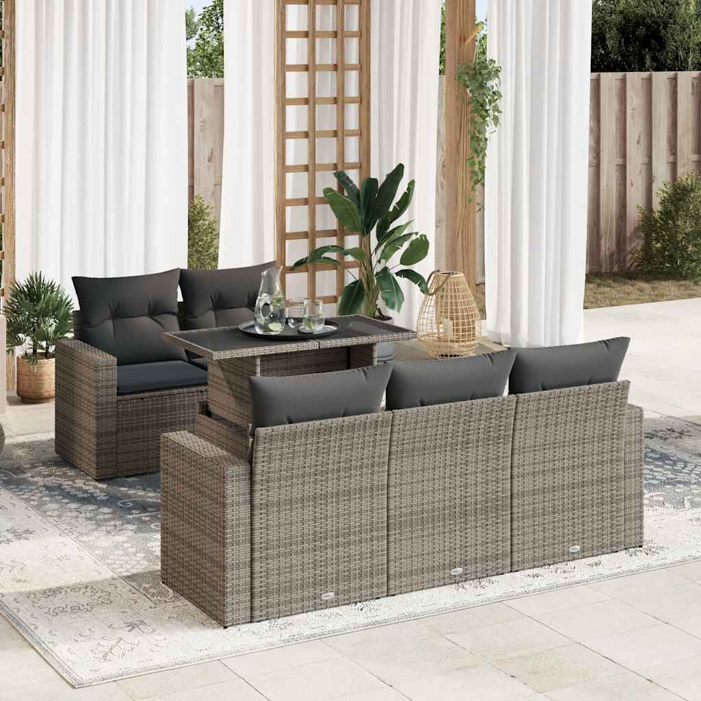 6 Pcs conjunto sofás de jardim com almofadões vime cinzento