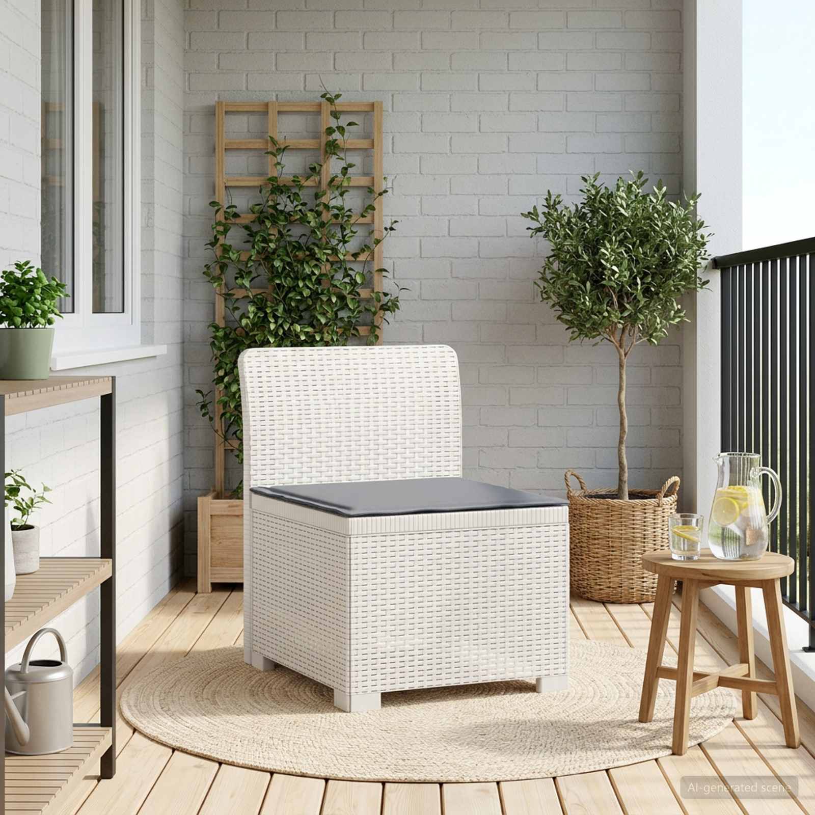 Sofá de jardim 1 lugar com almofada look rattan PP branco