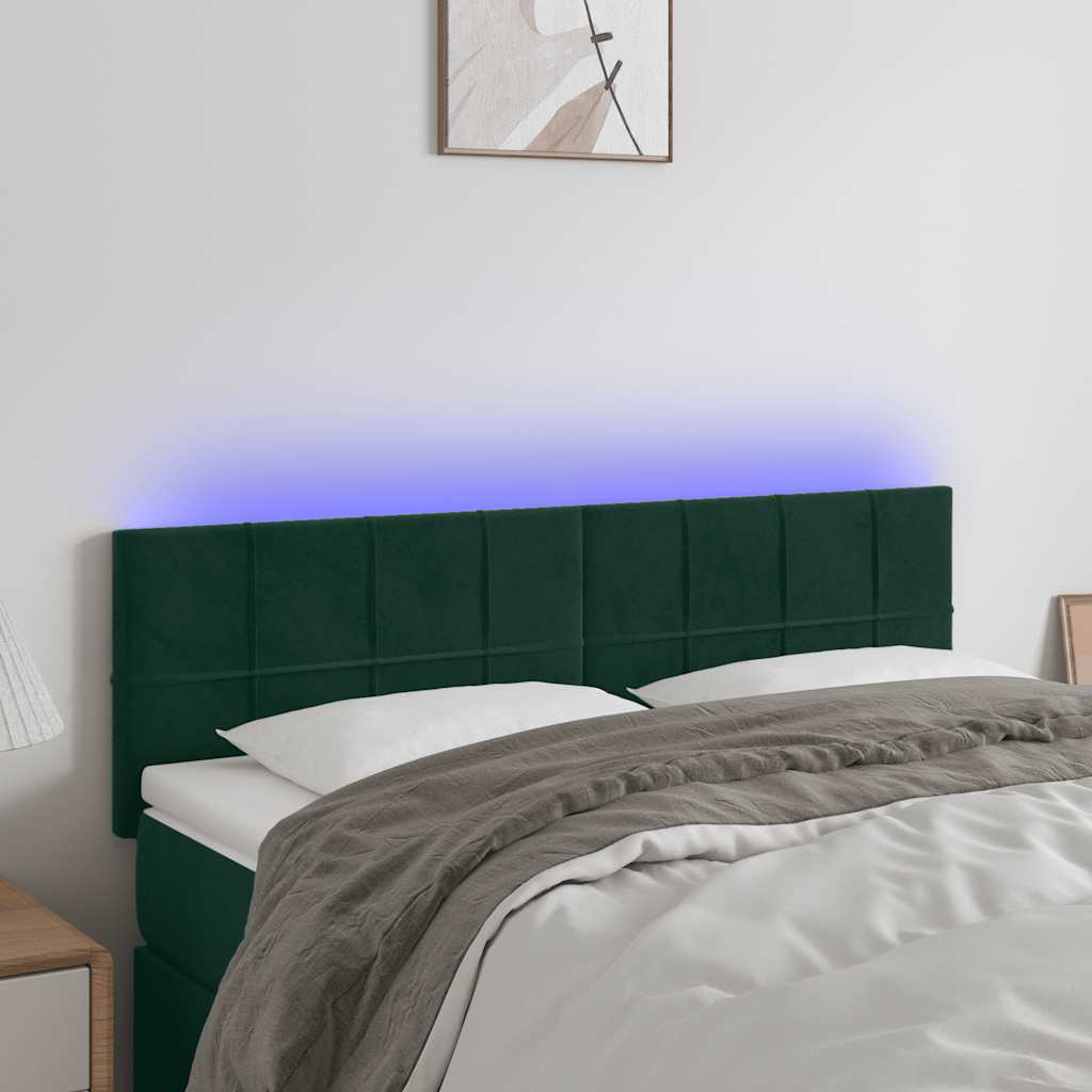 Cabeceira de cama c/luzes LED veludo 144x5x78/88cm verde-escuro