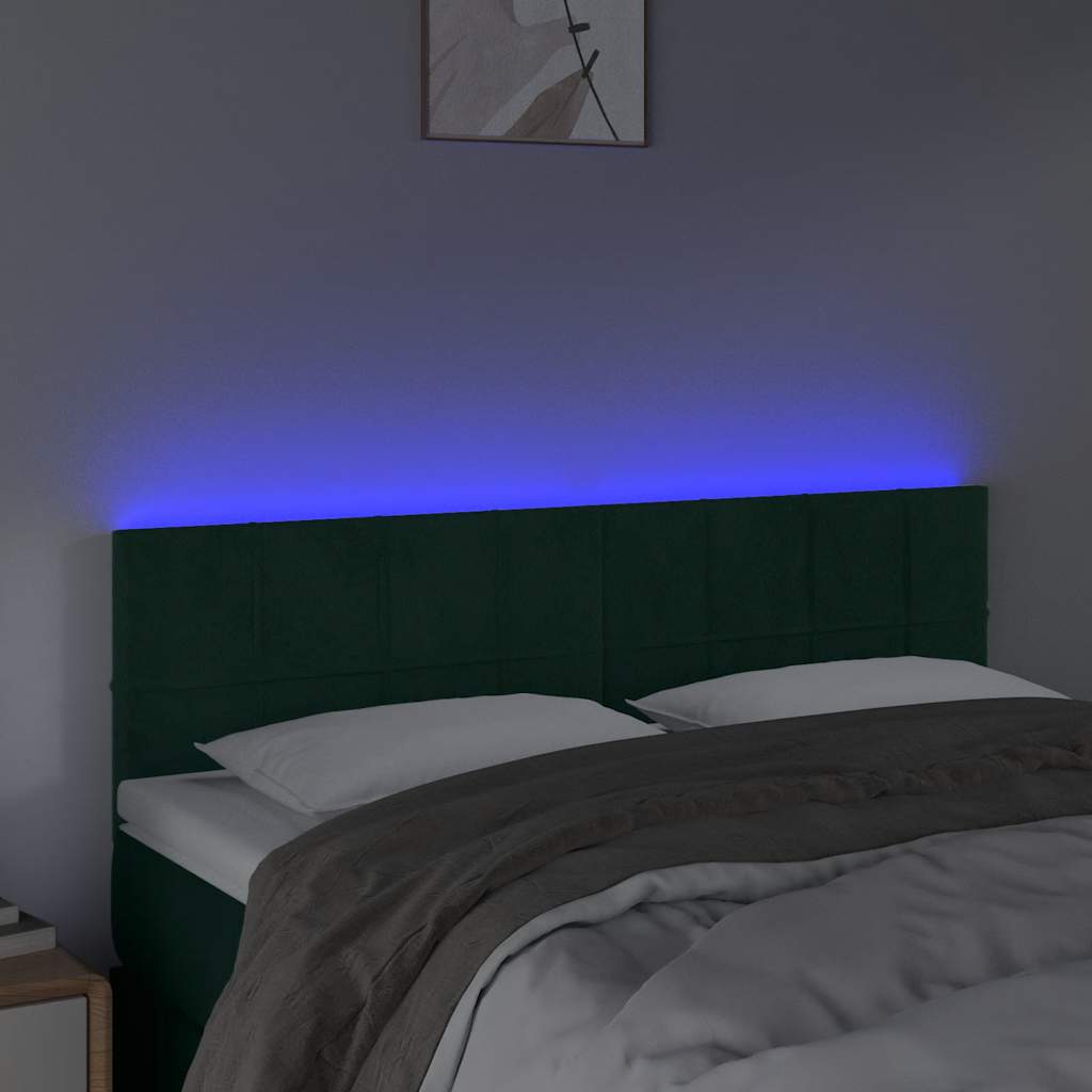 Cabeceira de cama c/luzes LED veludo 144x5x78/88cm verde-escuro