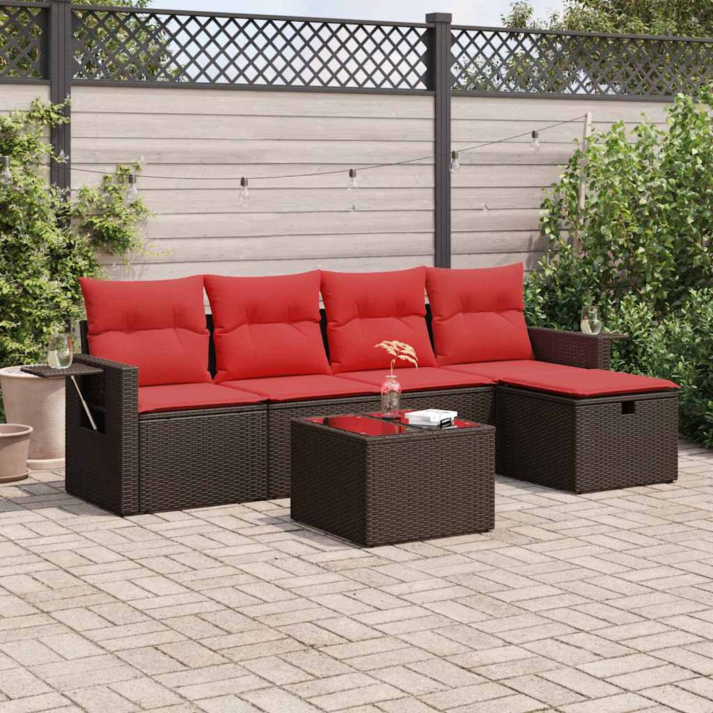 6 Pcs conjunto de sofás jardim c/ almofadões vime PE castanho