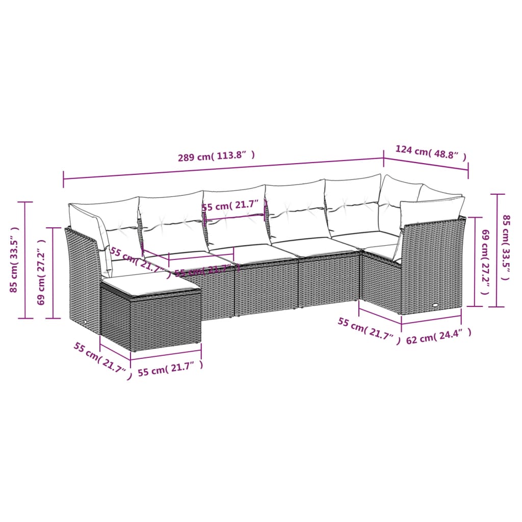 7 Pcs conjunto de sofás p/ jardim c/ almofadões vime PE preto