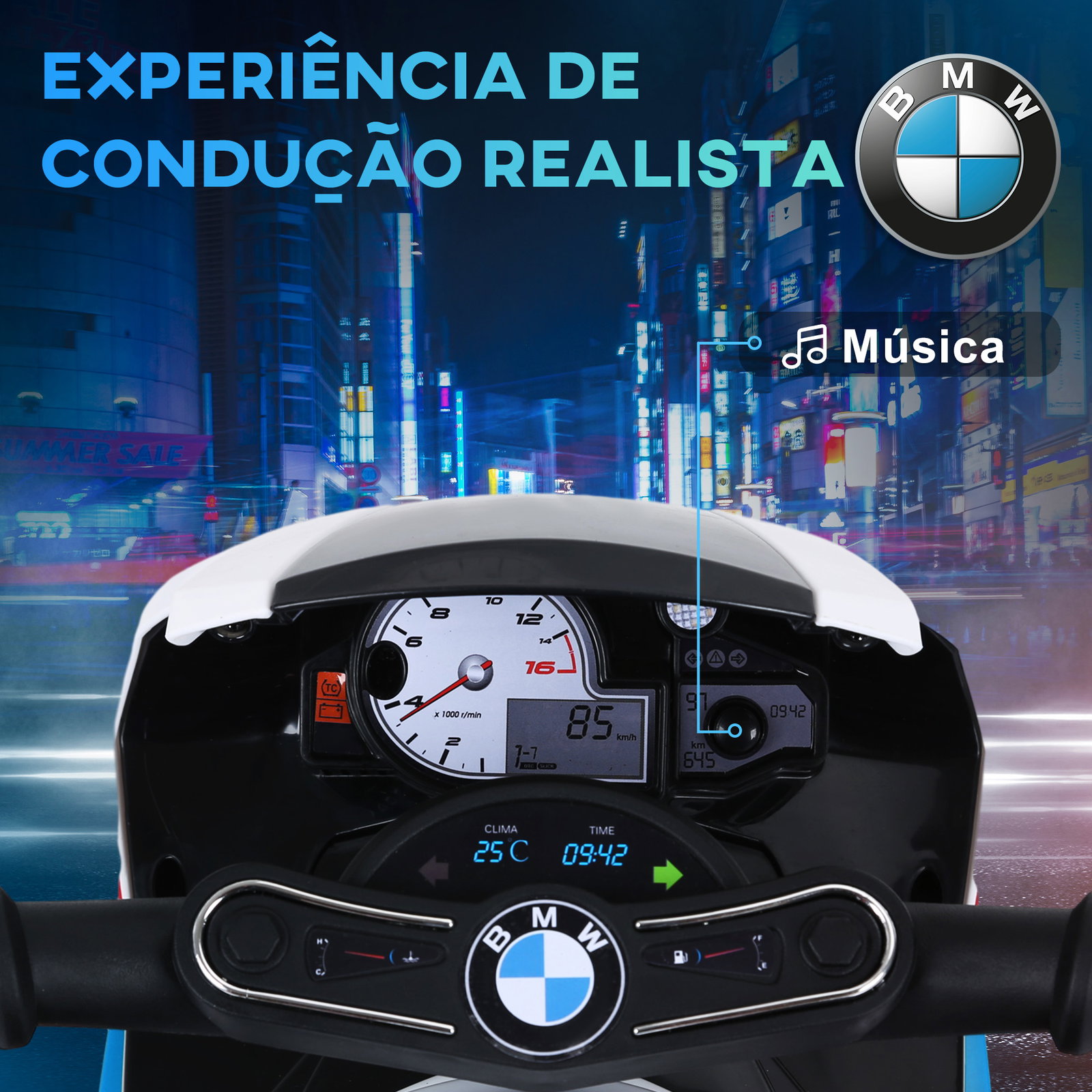 Mota elétrica bmw para crianças 6v com faróis música e velocidade máx. de 2,5 km/h 66x37x44 cm azul