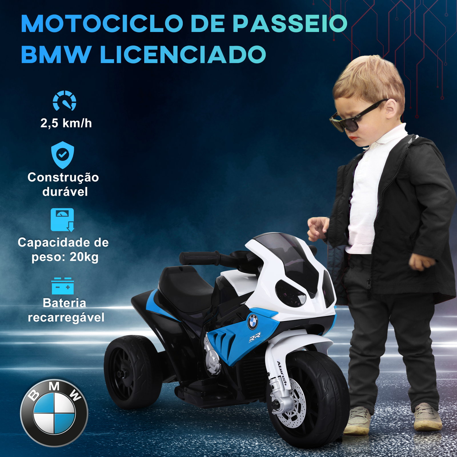 Mota elétrica bmw para crianças 6v com faróis música e velocidade máx. de 2,5 km/h 66x37x44 cm azul