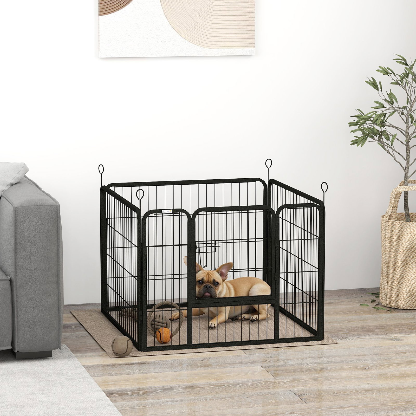 Parque para cães com 4 painéis dobrável 82x82x60 cm com porta e fechadura para exterior e interior cinza escuro