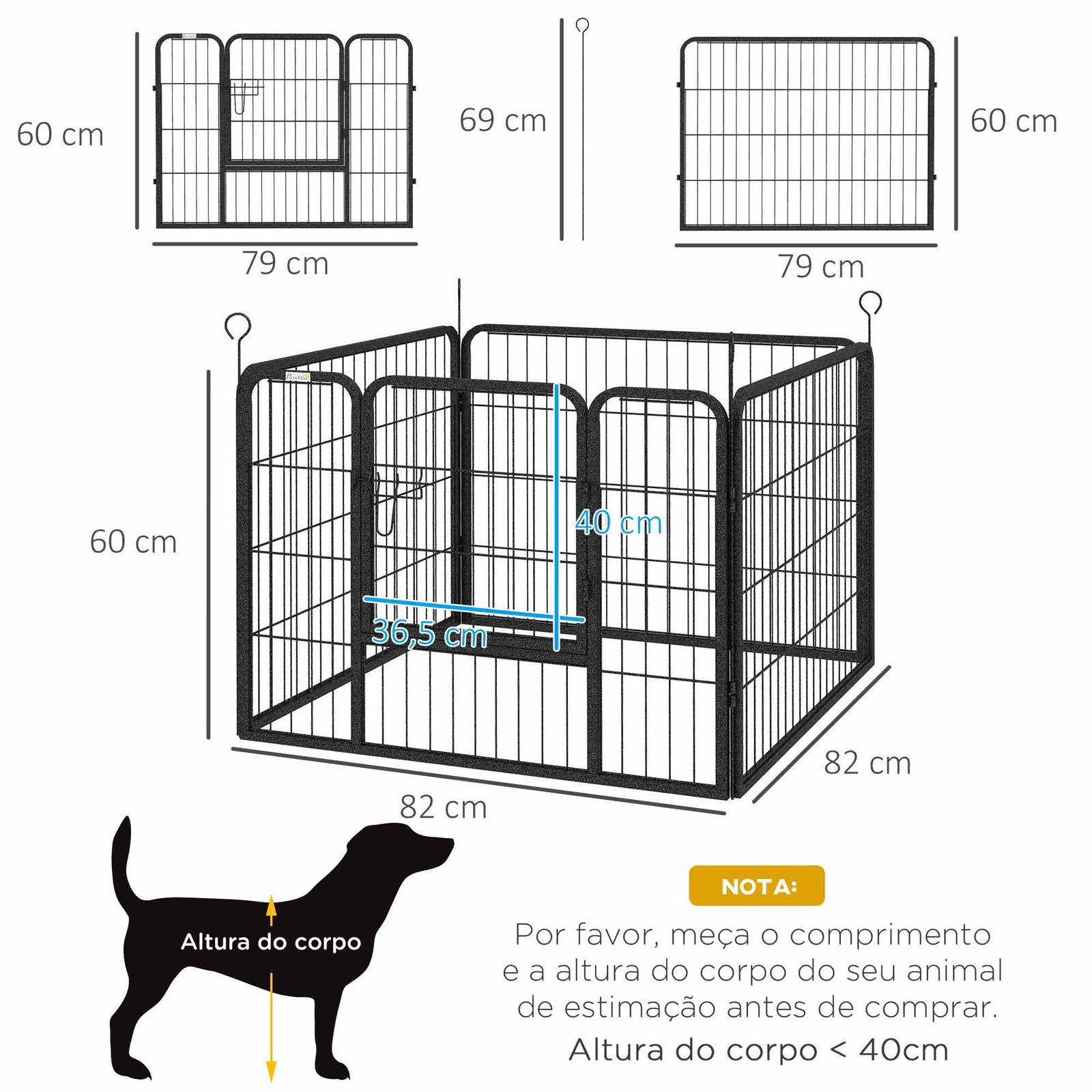 Parque para cães com 4 painéis dobrável 82x82x60 cm com porta e fechadura para exterior e interior cinza escuro