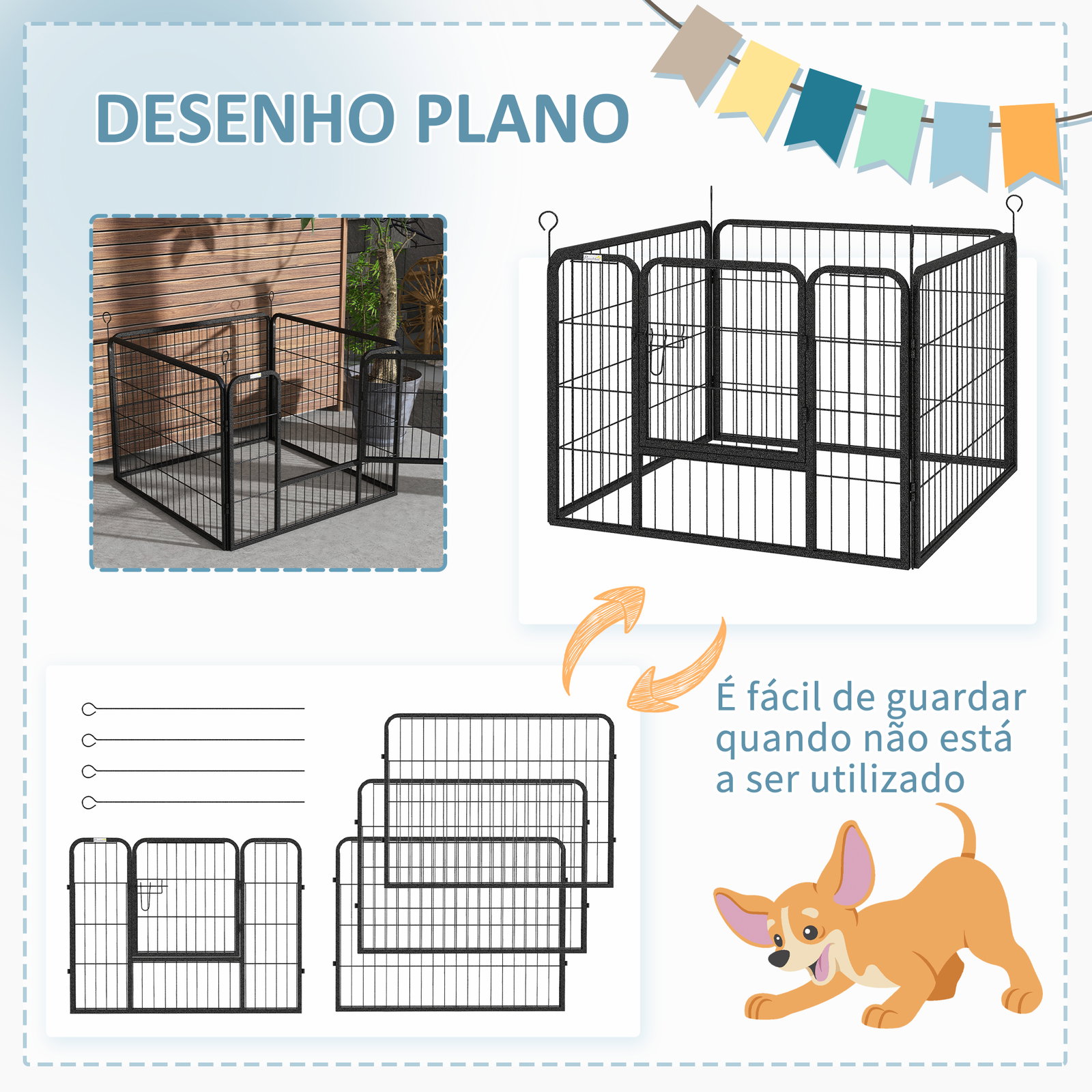 Parque para cães com 4 painéis dobrável 82x82x60 cm com porta e fechadura para exterior e interior cinza escuro