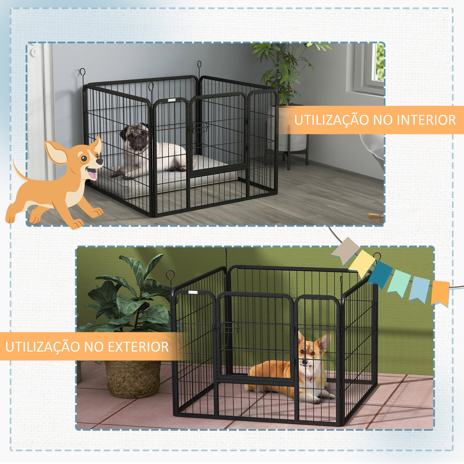 Parque para cães com 4 painéis dobrável 82x82x60 cm com porta e fechadura para exterior e interior cinza escuro