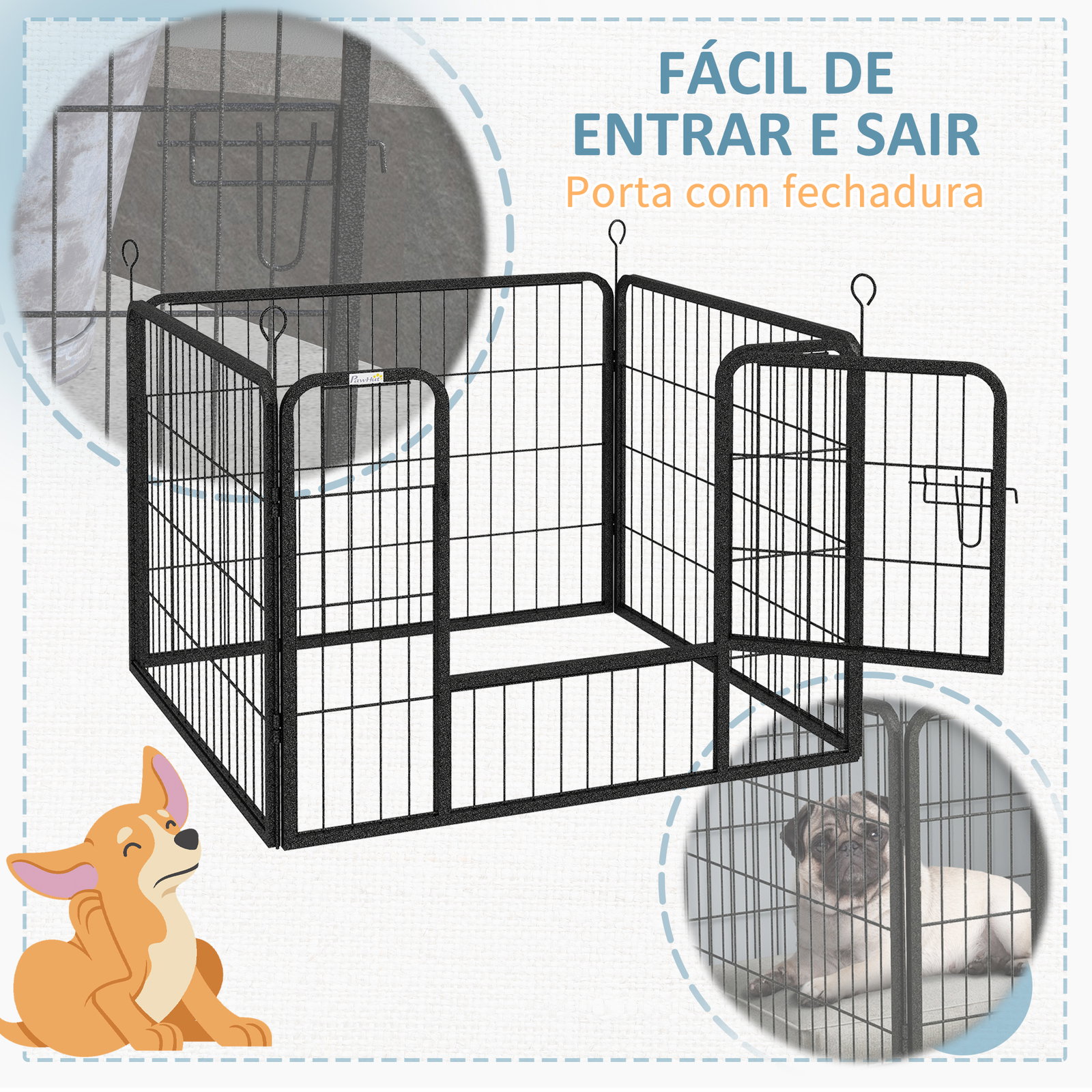 Parque para cães com 4 painéis dobrável 82x82x60 cm com porta e fechadura para exterior e interior cinza escuro