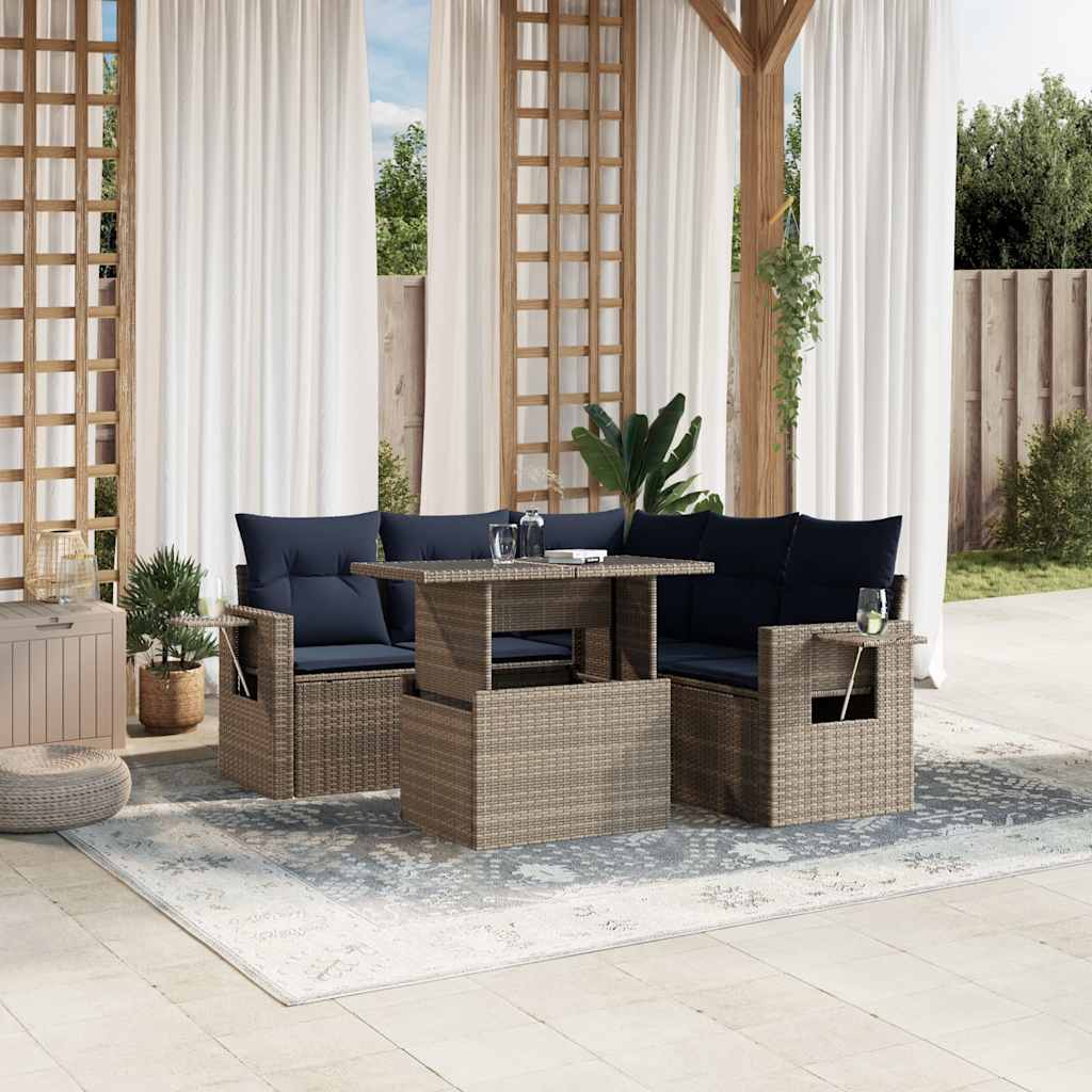 Conjunto de sofá de jardim com 6 peças e almofadas em rattan sintético cinza