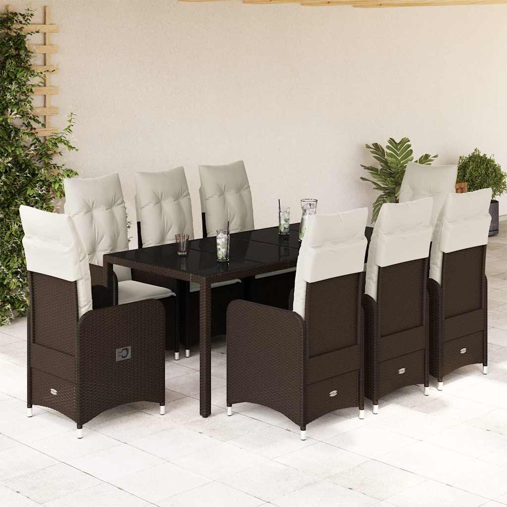 9 Pcs conjunto bistrô de jardim c/ almofadões vime PE castanho