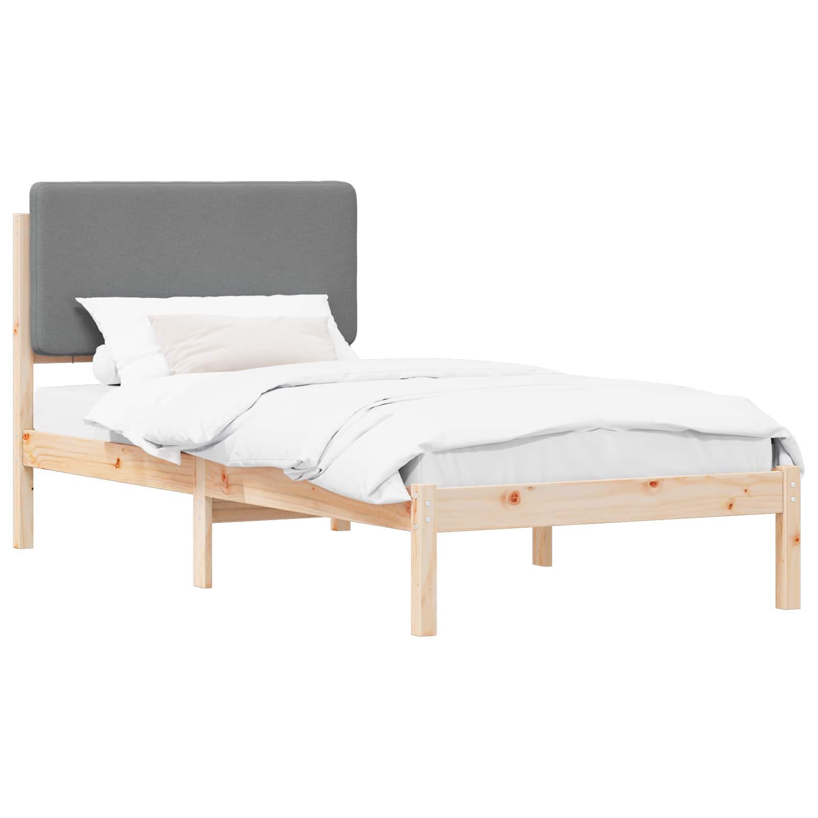 Estrutura de cama com cabeceira estofada cinzento-claro