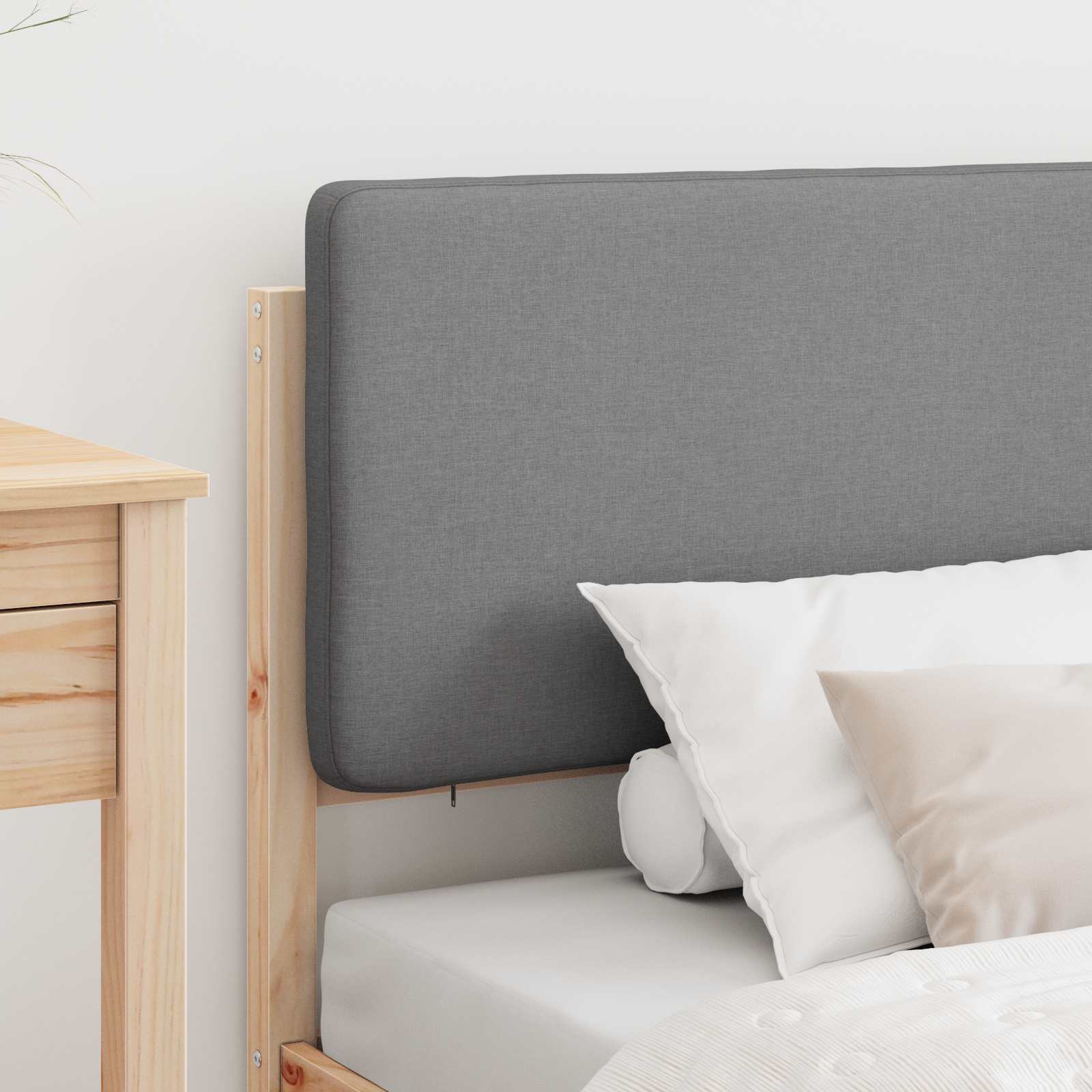 Estrutura de cama com cabeceira estofada cinzento-claro